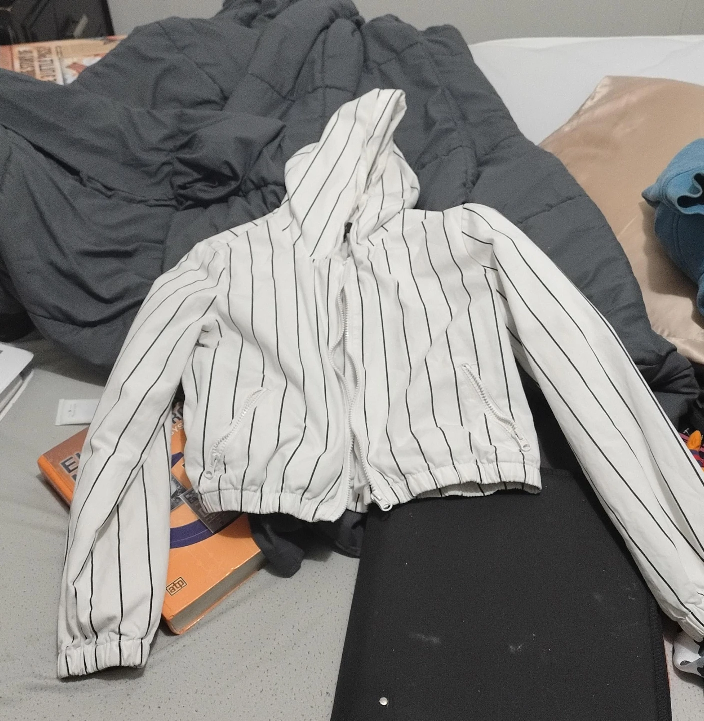 White Pinstripe Hooded Jacket
