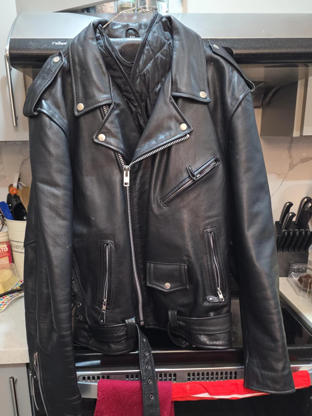 Black Leather Motorcycle Jacket with Eagle Design