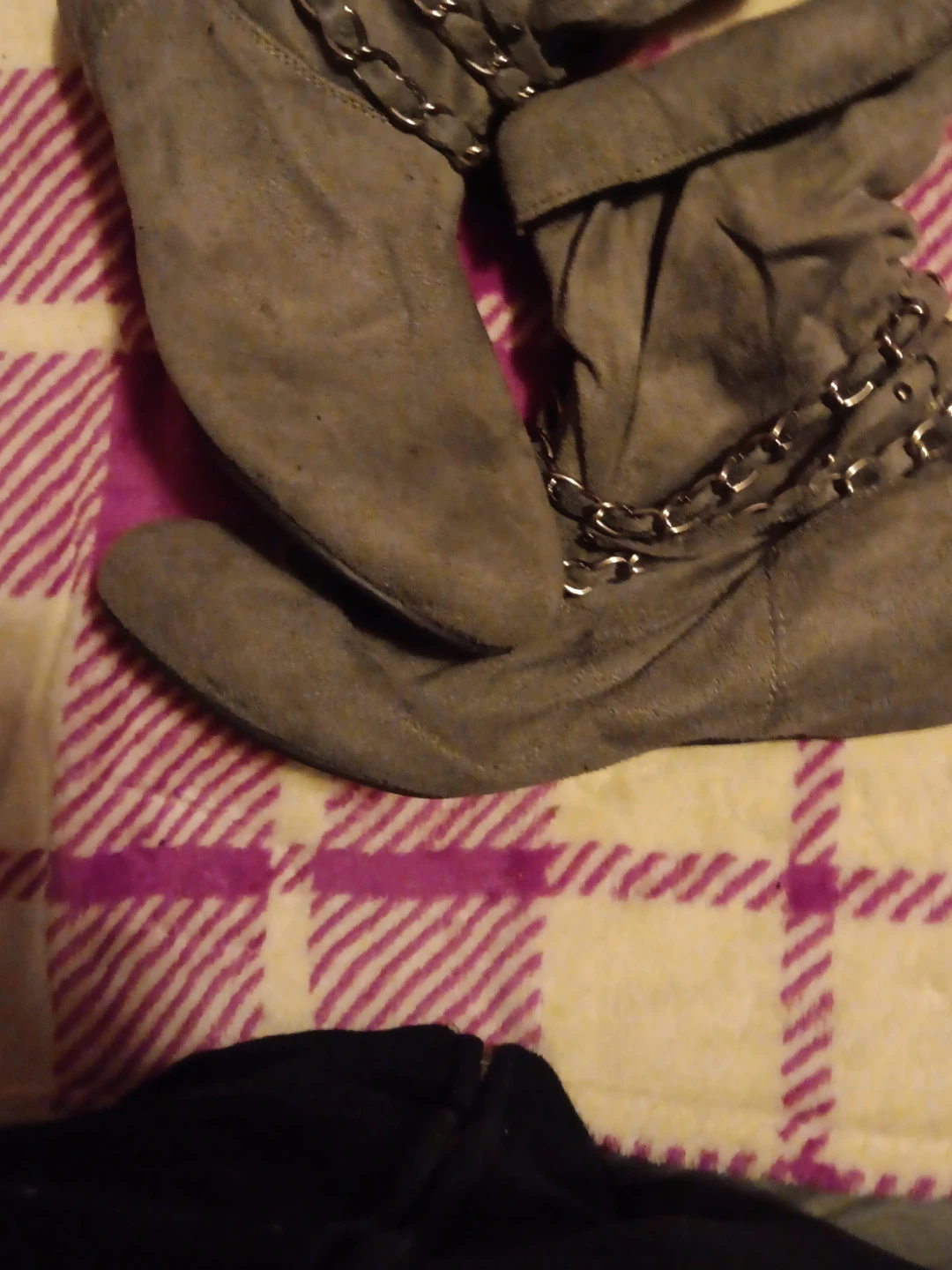 Gray Suede Ankle Boots with Chain Detail