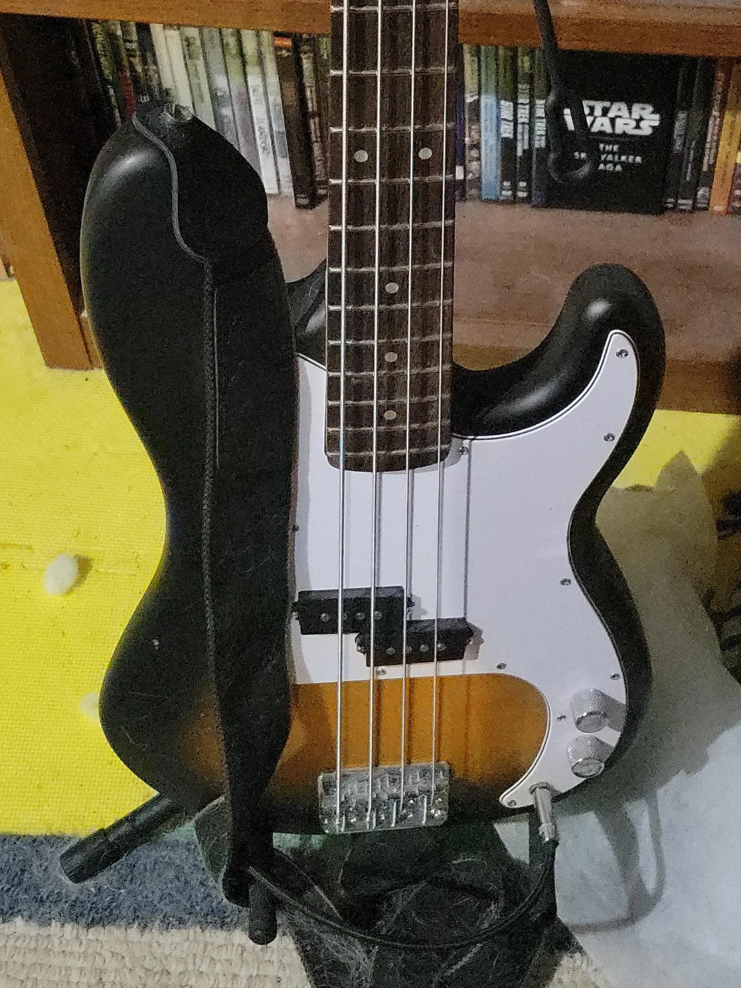 Black and Sunburst Electric Bass Guitar with Strap