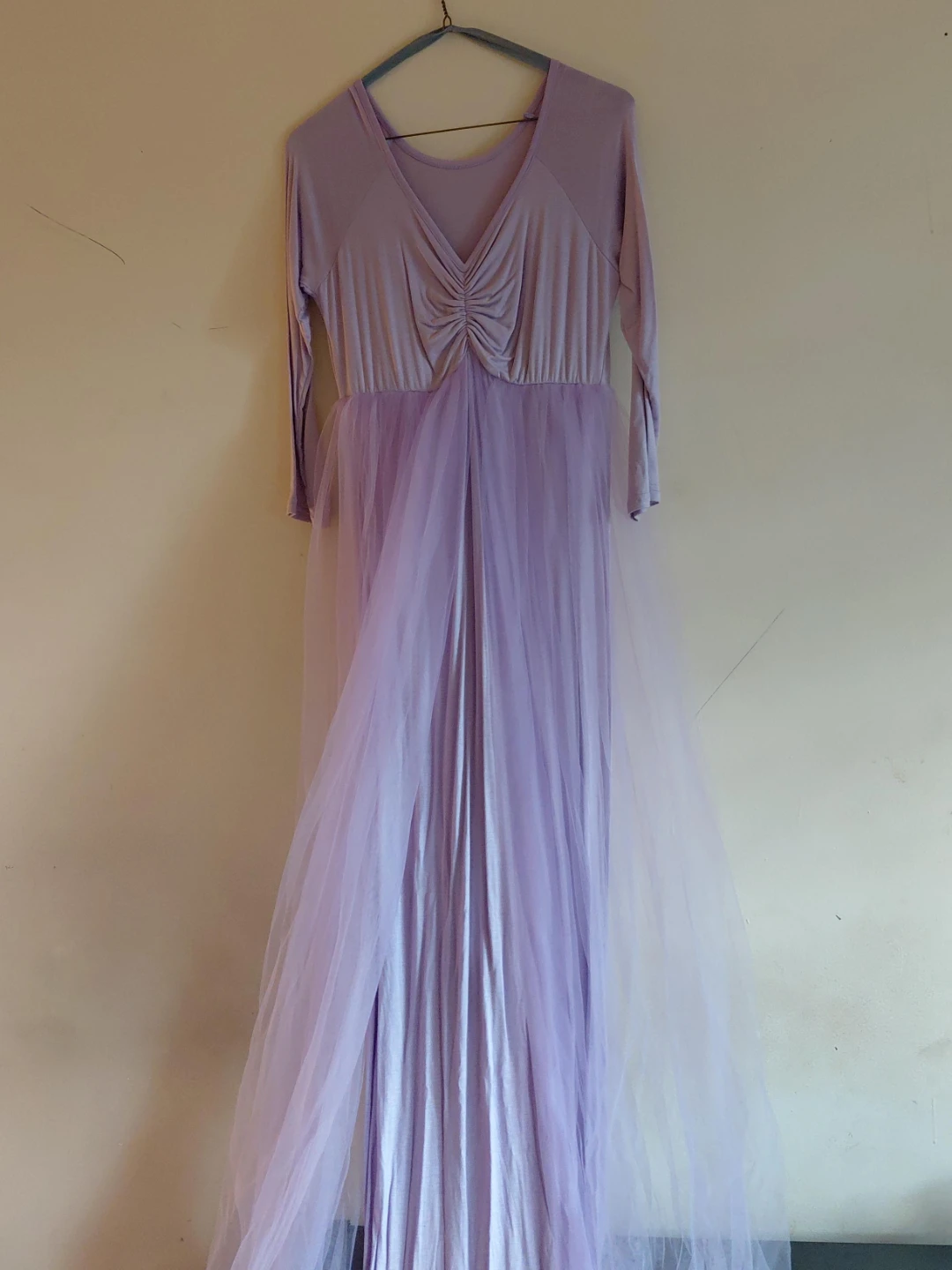 Purple Long Sleeve Ruched Tulle Dress