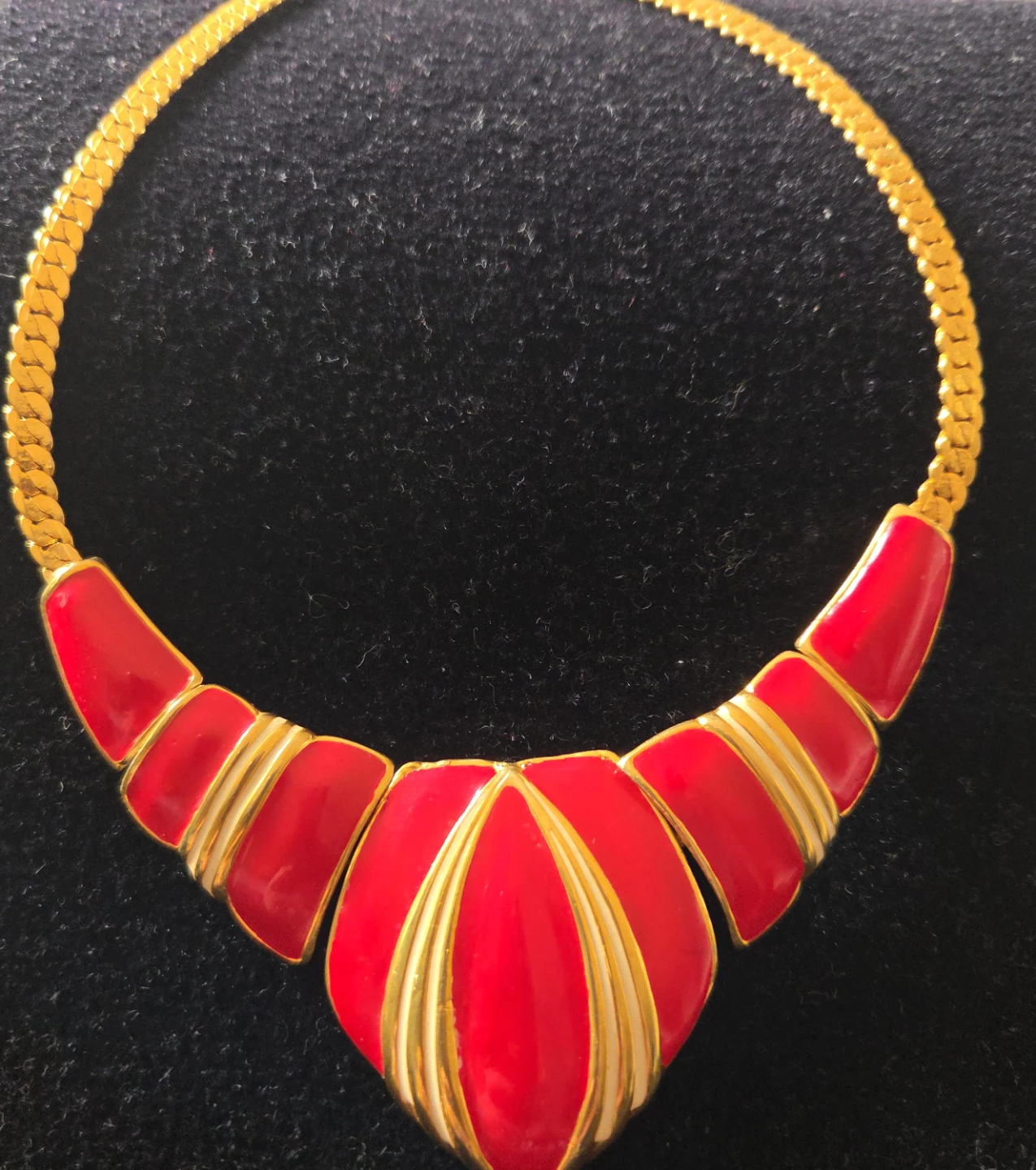 Gold Tone Red Enamel Bib Necklace