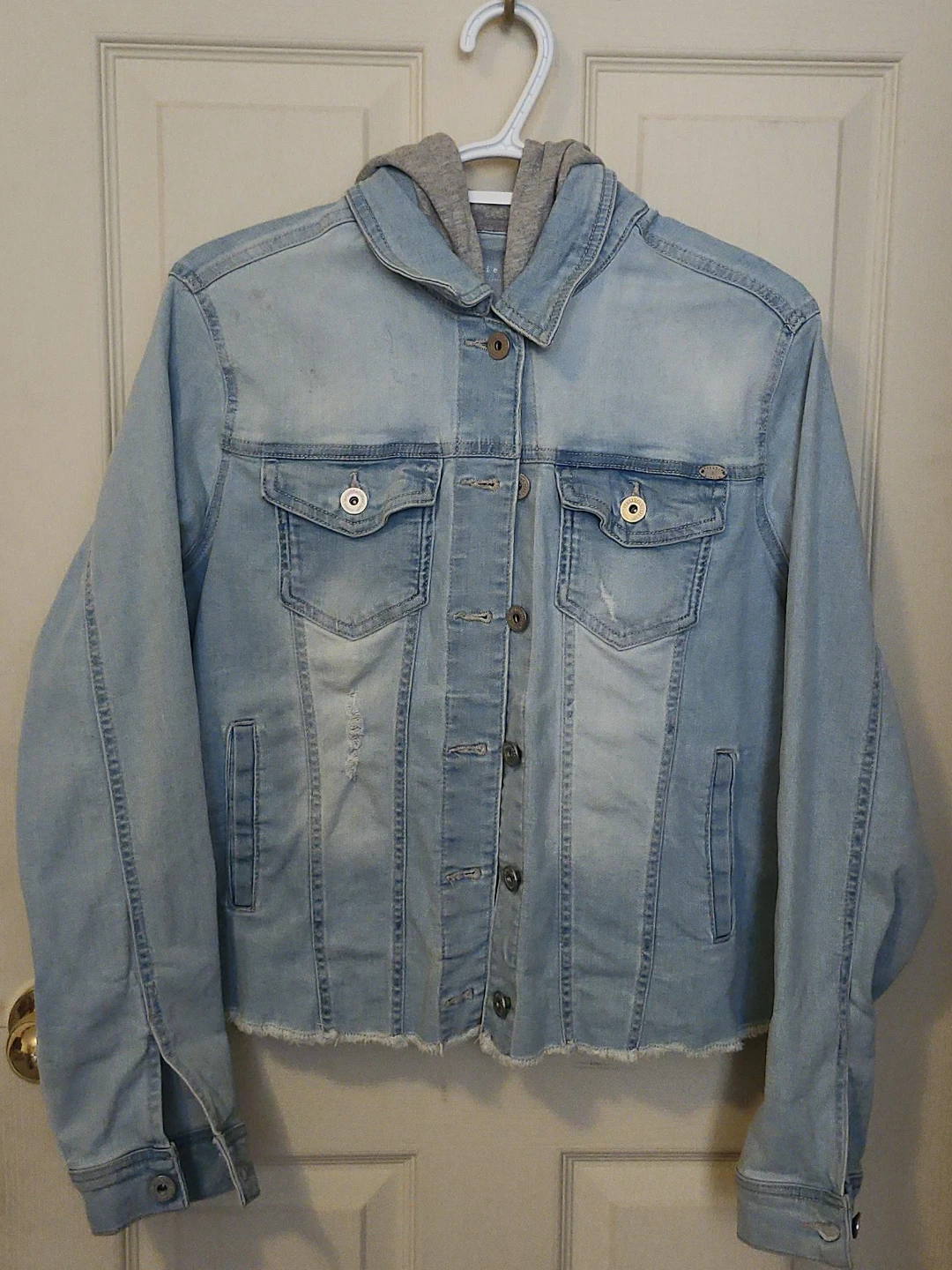 Blue Denim Jacket with Grey Hood