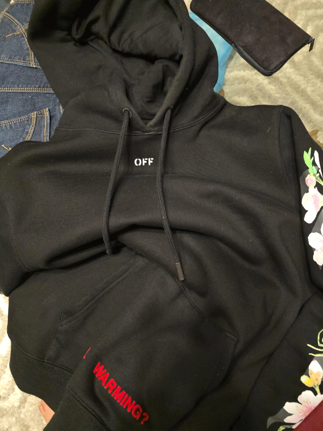 OFF Black Hoodie with Floral Sleeve Detail