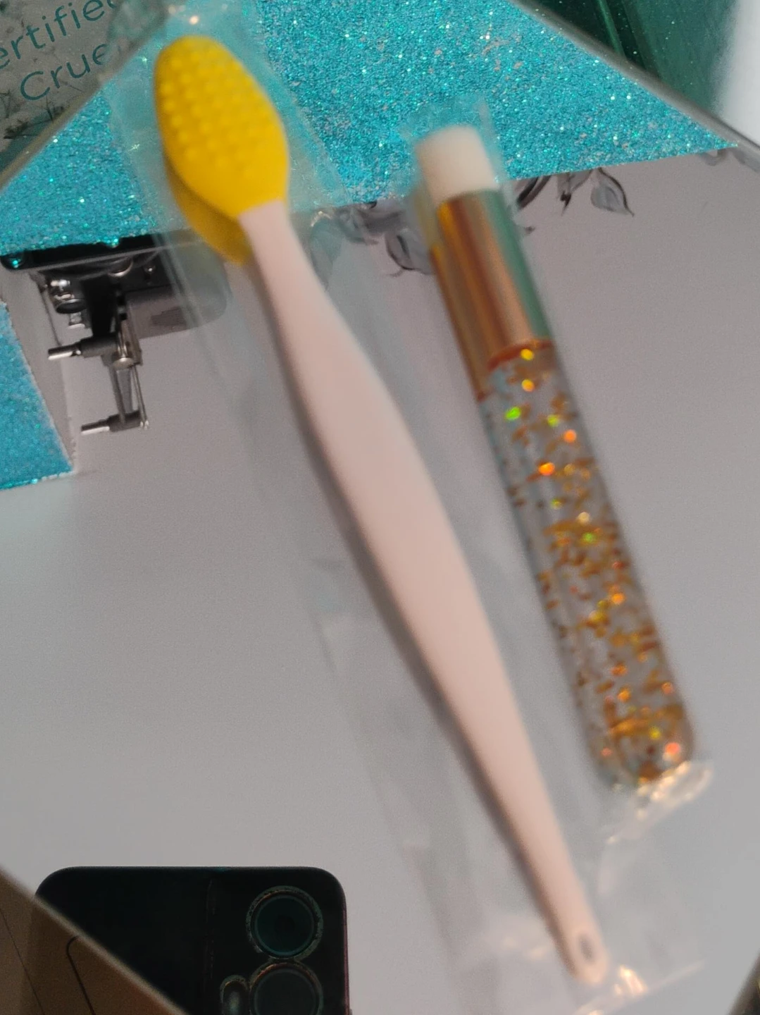 Yellow Silicone Lip Scrub Brush and Glitter Lash Cleansing Brush