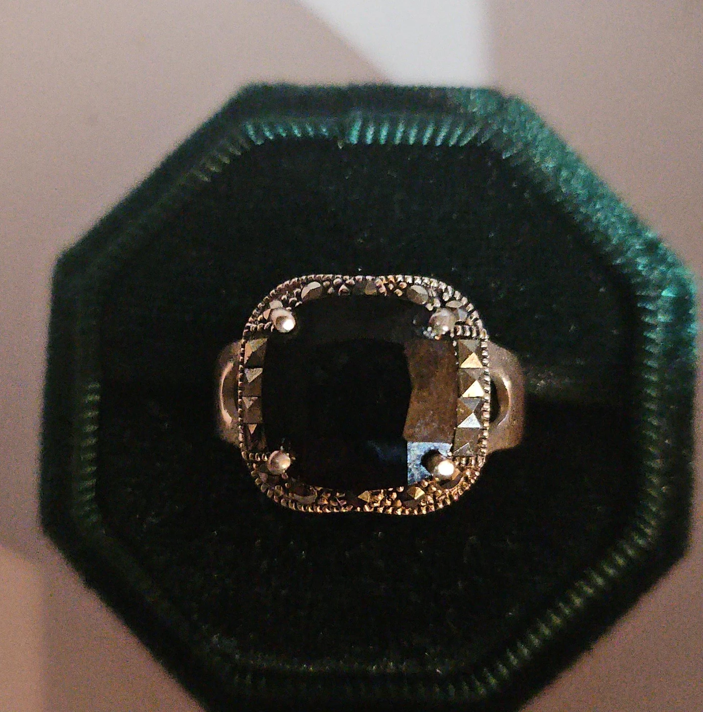 Sterling Silver Square Onyx and Marcasite Ring