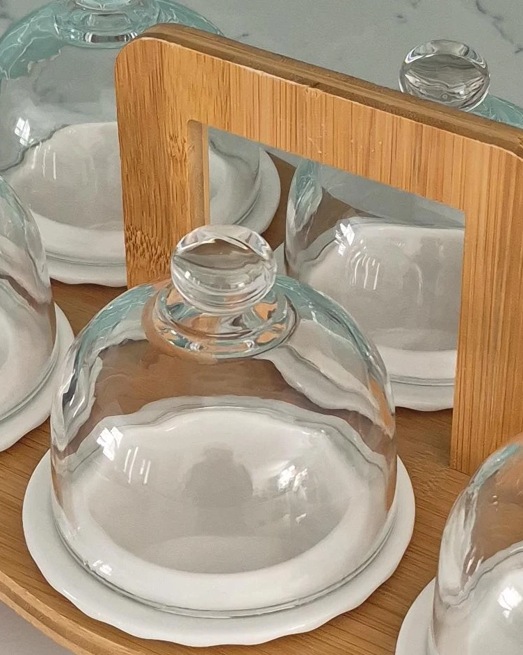 Glass Dome Dessert Serving Set with Bamboo Stand