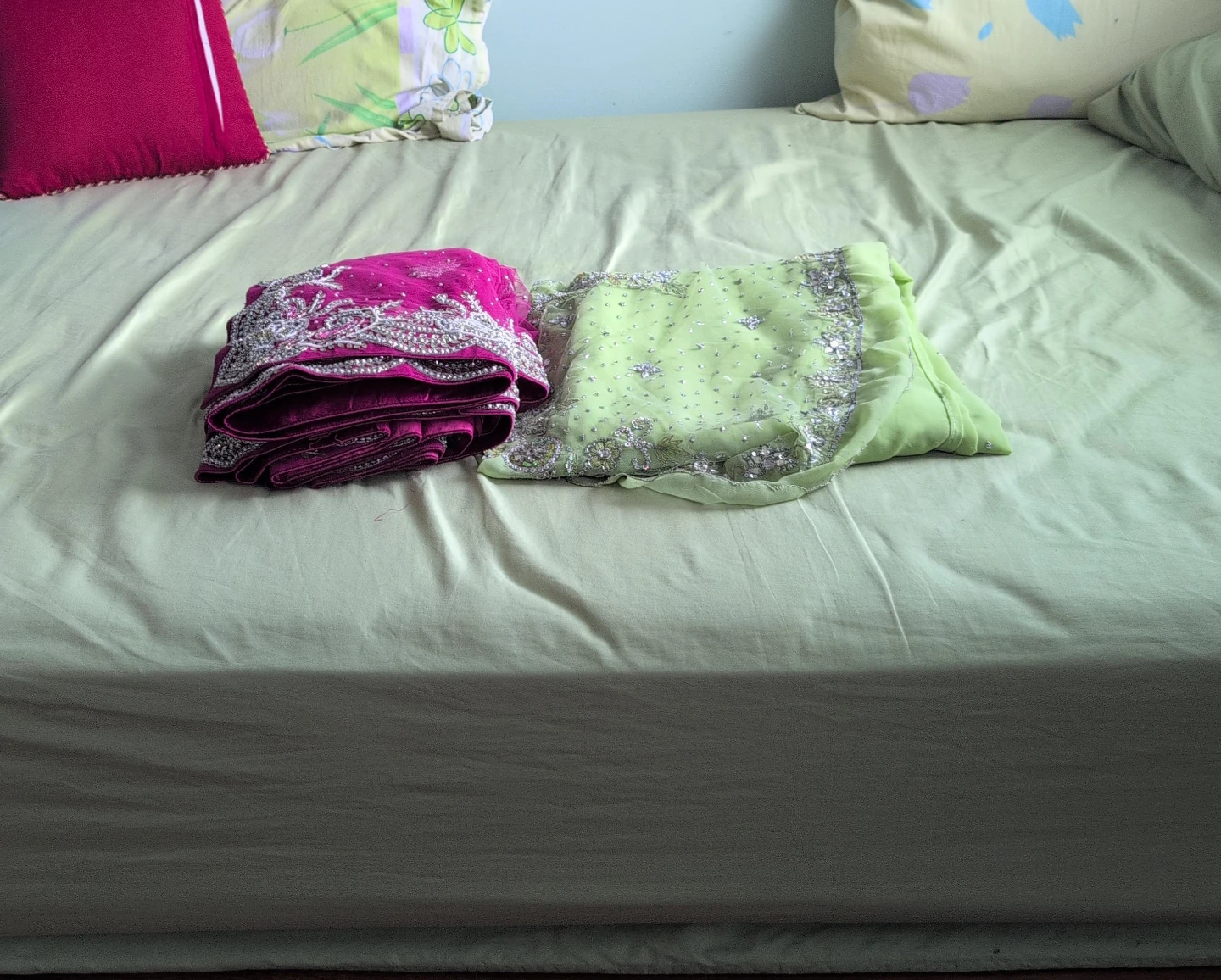 Embroidered Sari - Pink & Lime Green