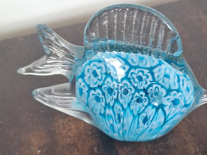 Glass Fish Figurine Blue Floral Pattern