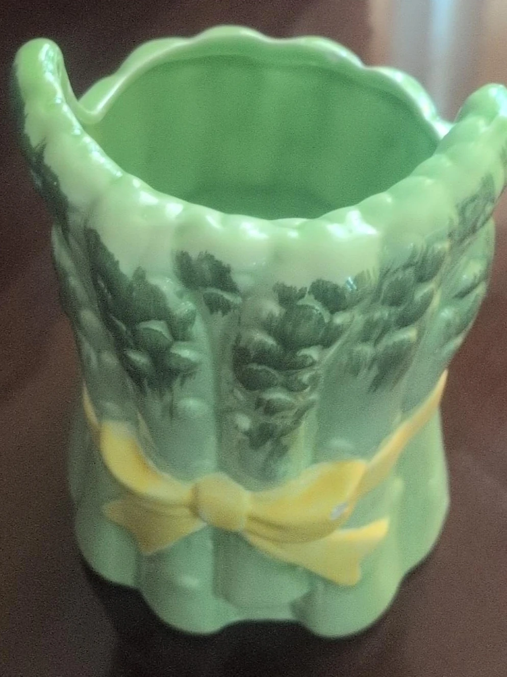 Green Ceramic Vase with Yellow Bow