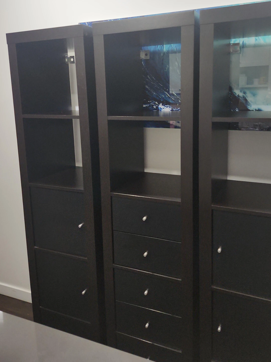 Dark Brown Bookcase with Drawers and Cabinets