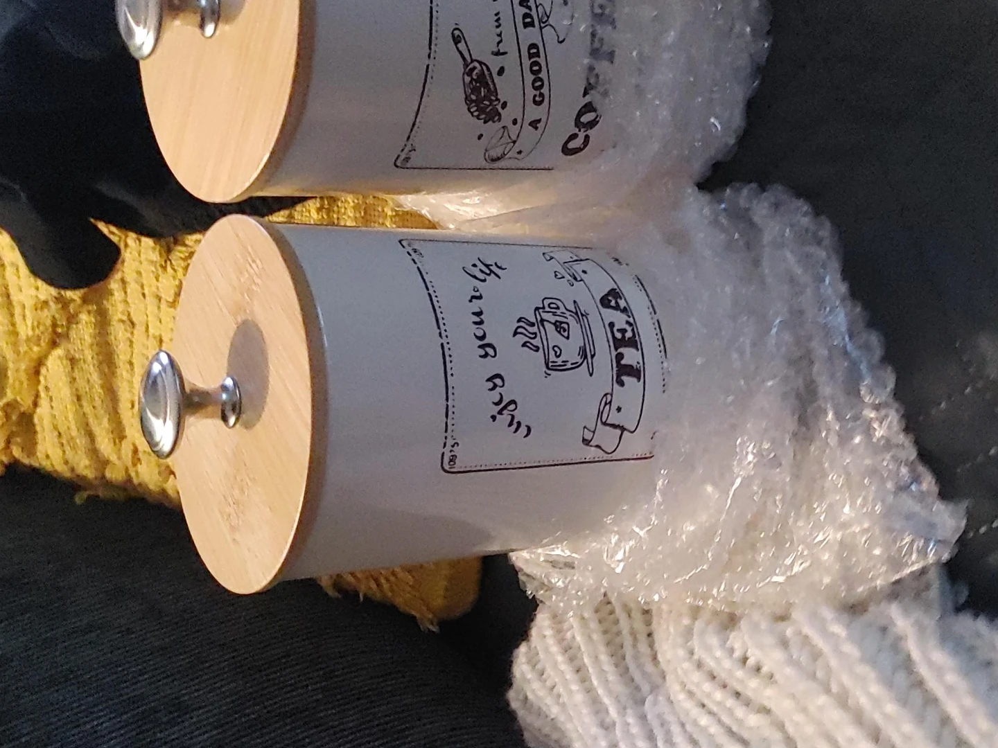 Set of 3 White Metal Kitchen Canisters with Bamboo Lids