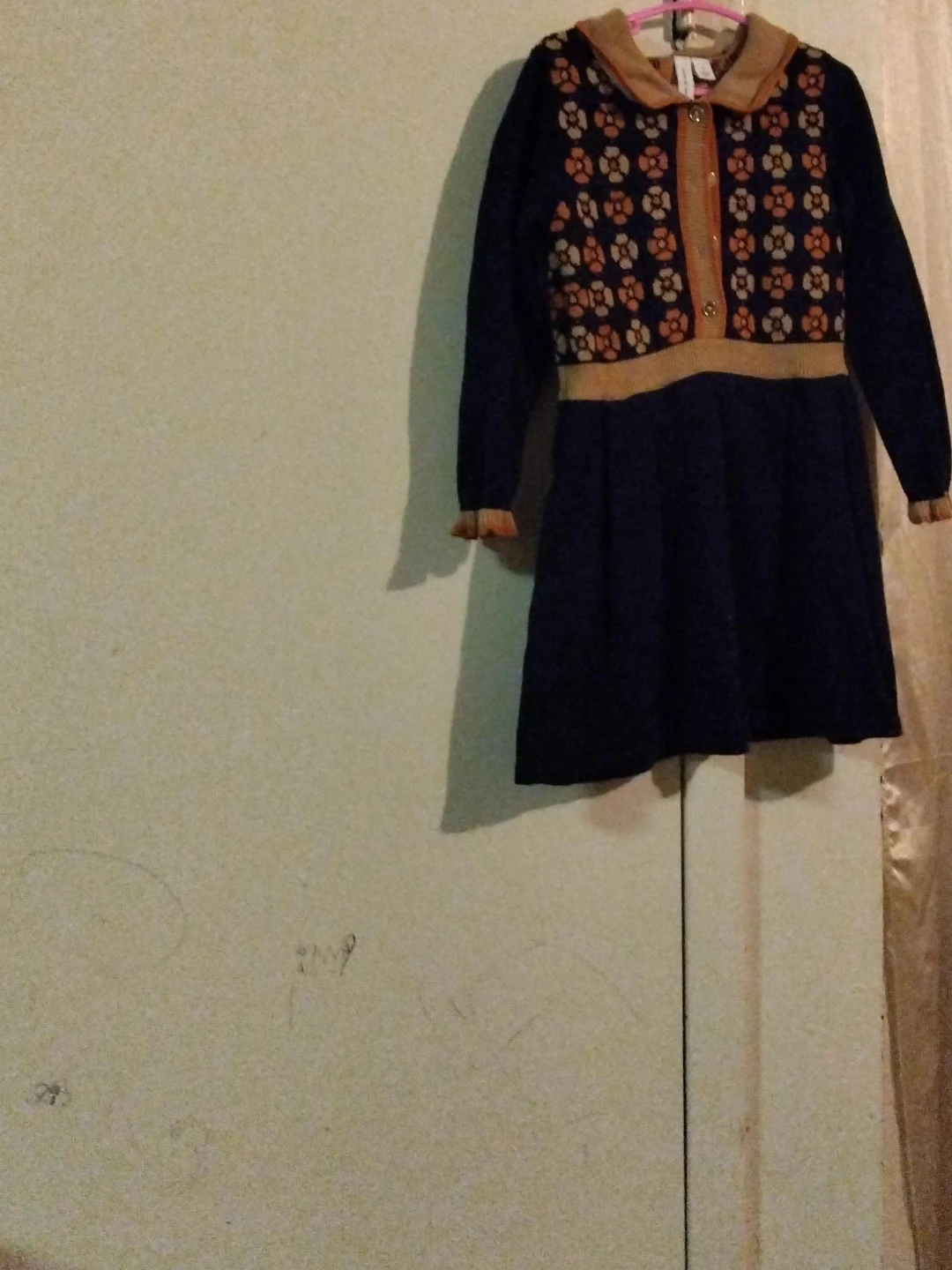 Girls Navy Blue Sweater Dress with Floral Pattern