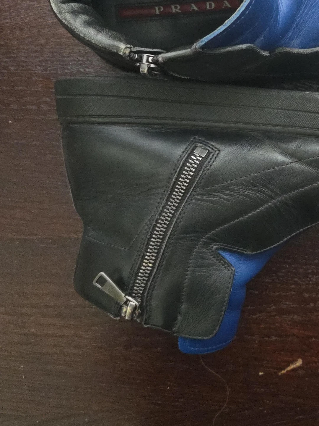 Prada Black Leather & Blue High-Top Sneakers