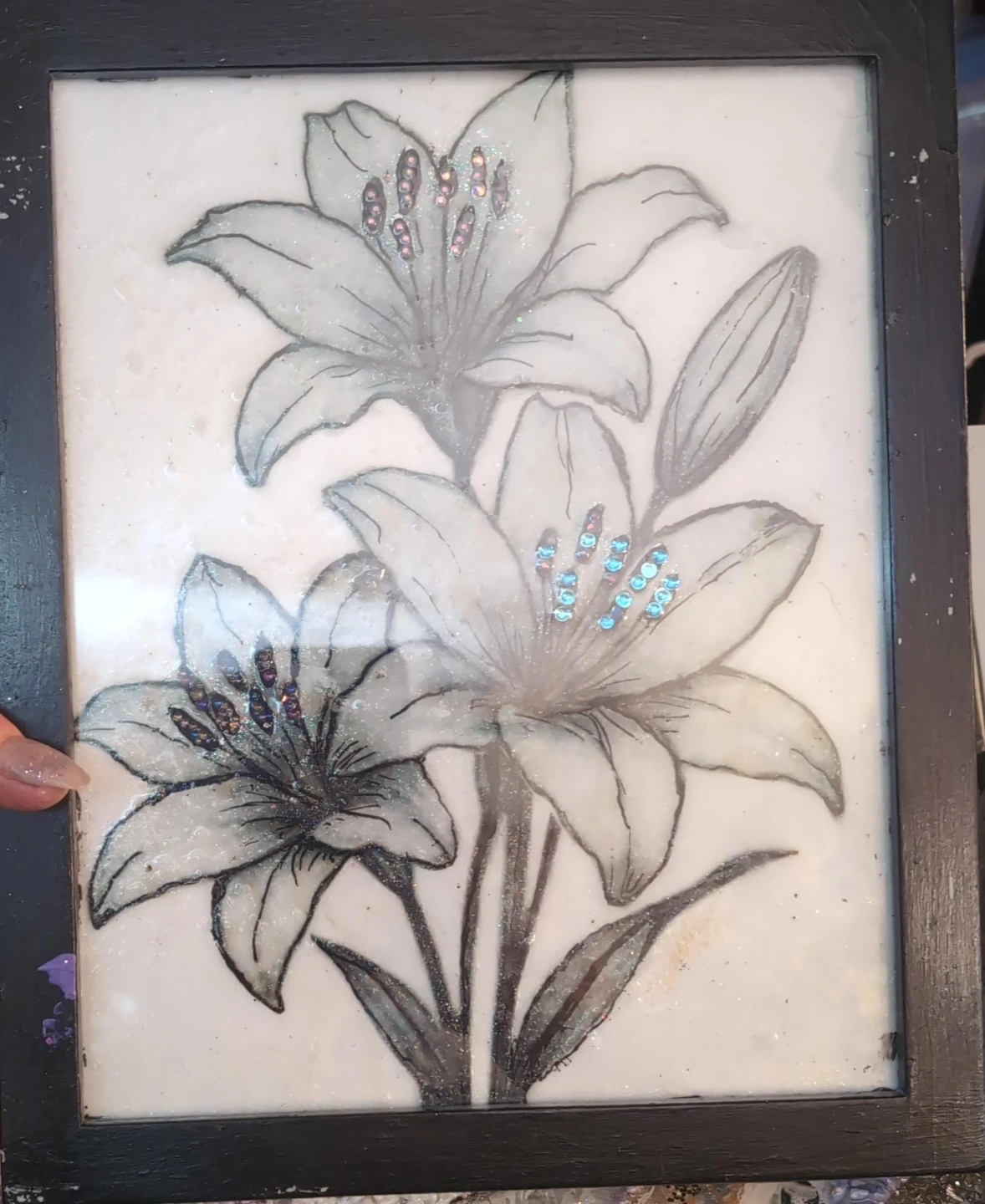 Framed Lily Artwork with Glitter Accents