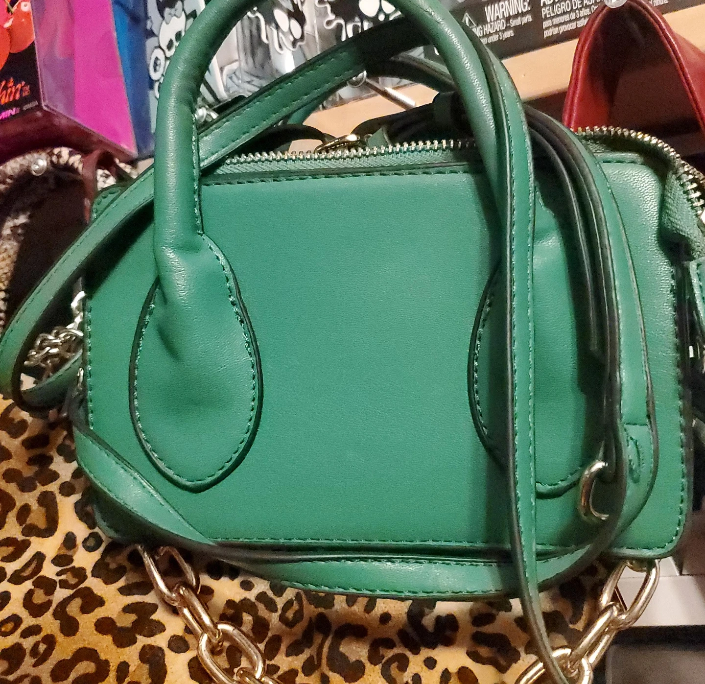 Green Faux Leather Handbag with Chain Strap