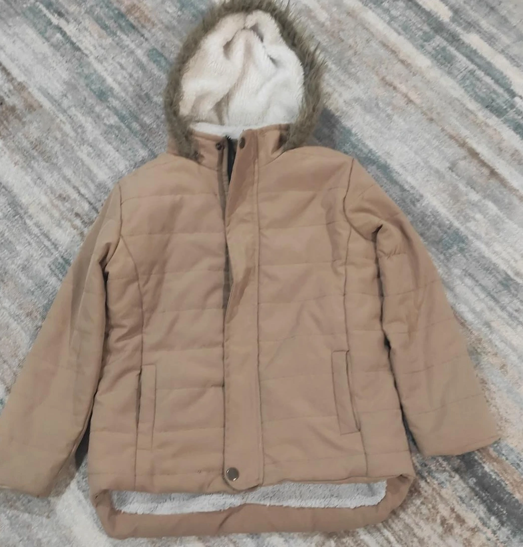 Tan Puffer Jacket with Faux Fur Trimmed Hood