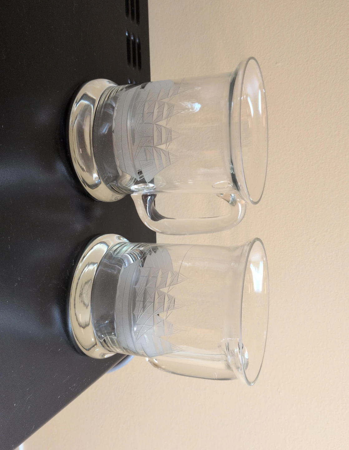 Set of 2 Etched Glass Mugs with Ships
