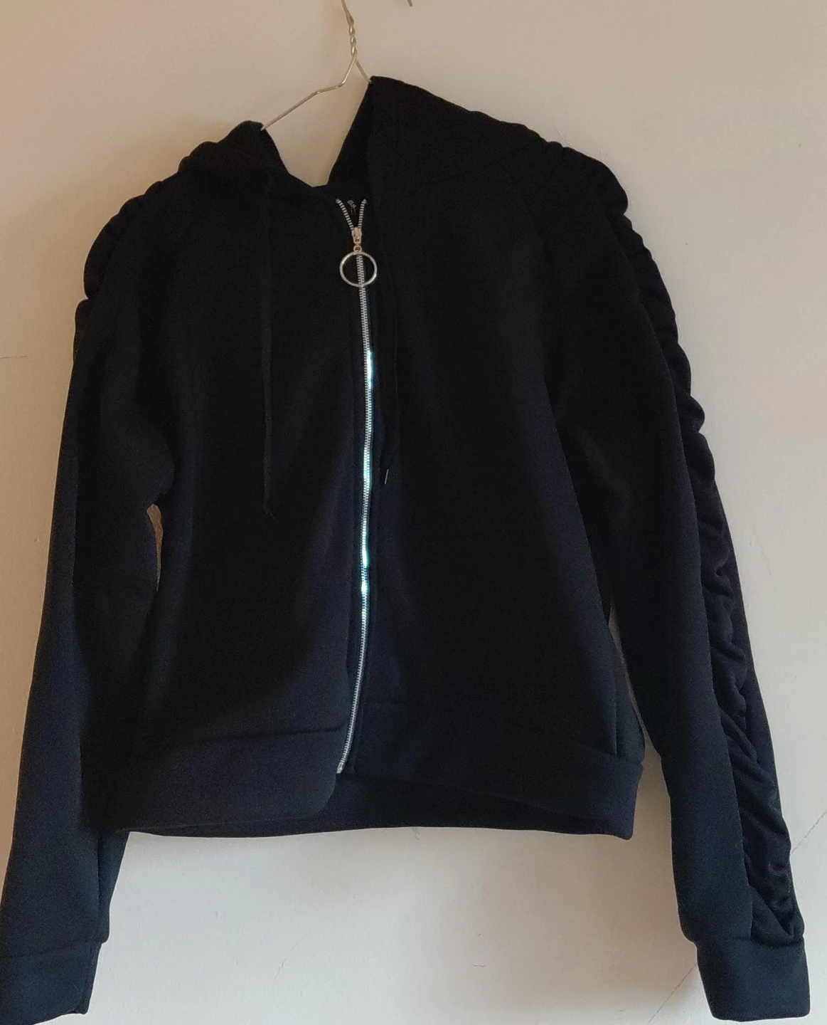 Black Zip-Up Hoodie with Ruched Sleeves