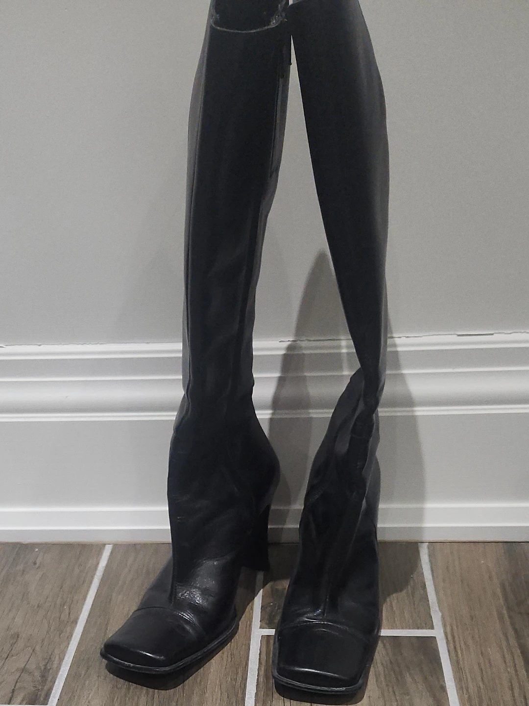 Black Leather Square Toe Knee-High Boots