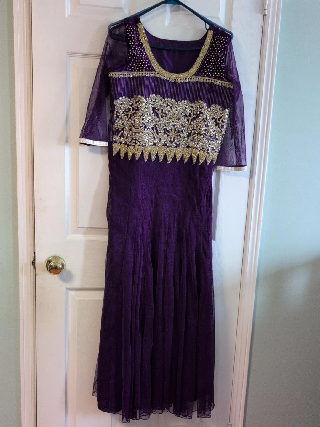 Purple Anarkali Dress with Gold Embellishments