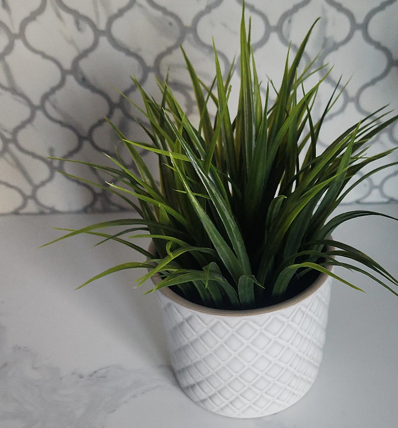 Artificial Grass Plant in Textured White Pot