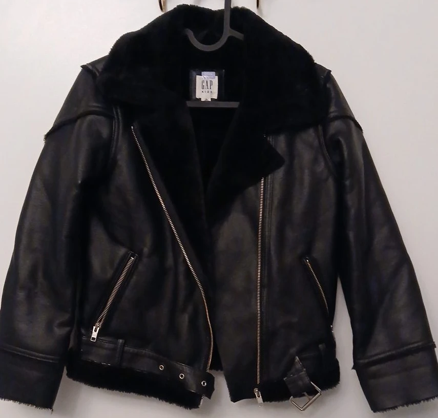 GAP Kids Black Faux Leather Aviator Jacket with Fur Collar