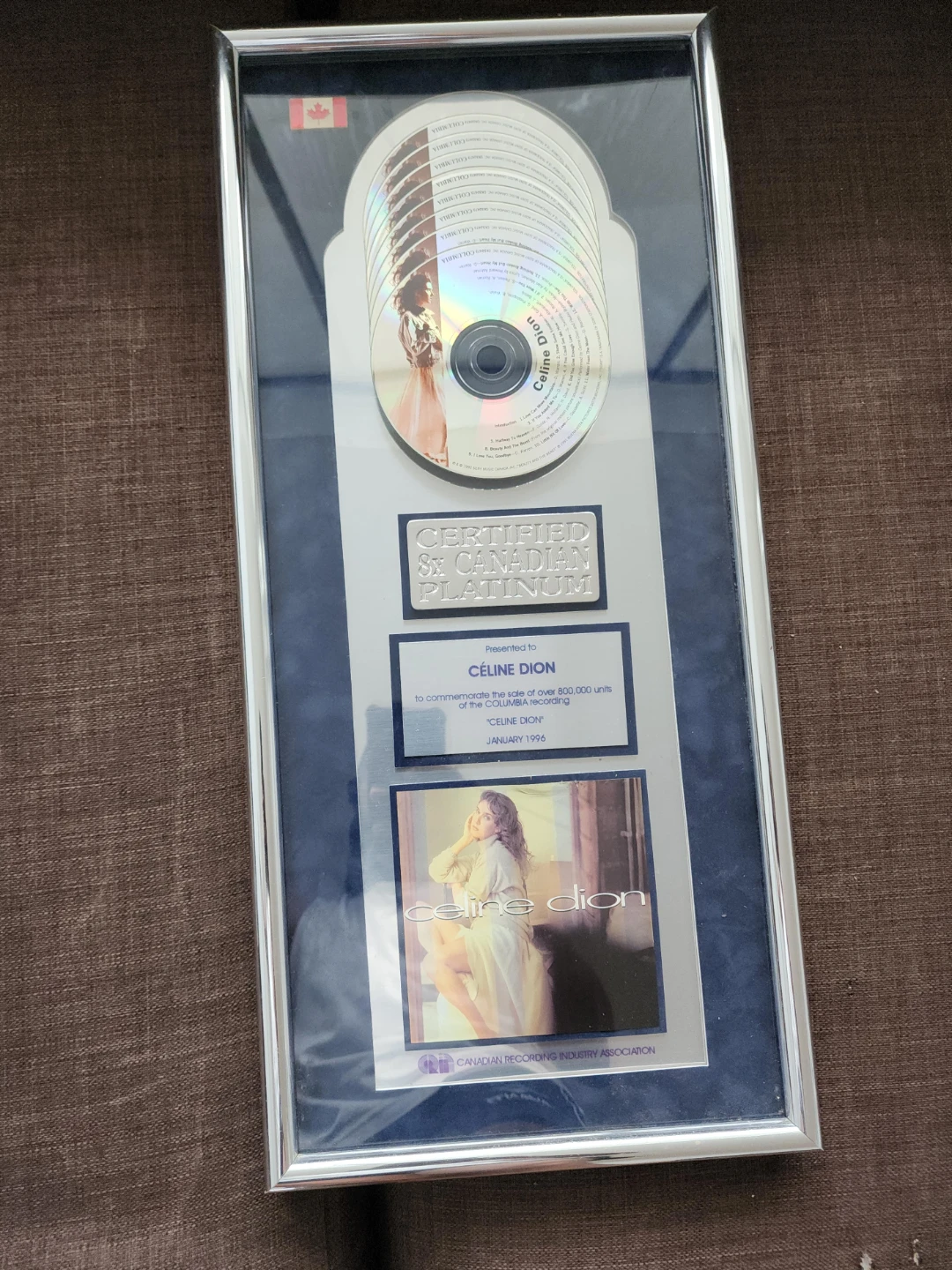 Celine Dion Certified Canadian Platinum Award