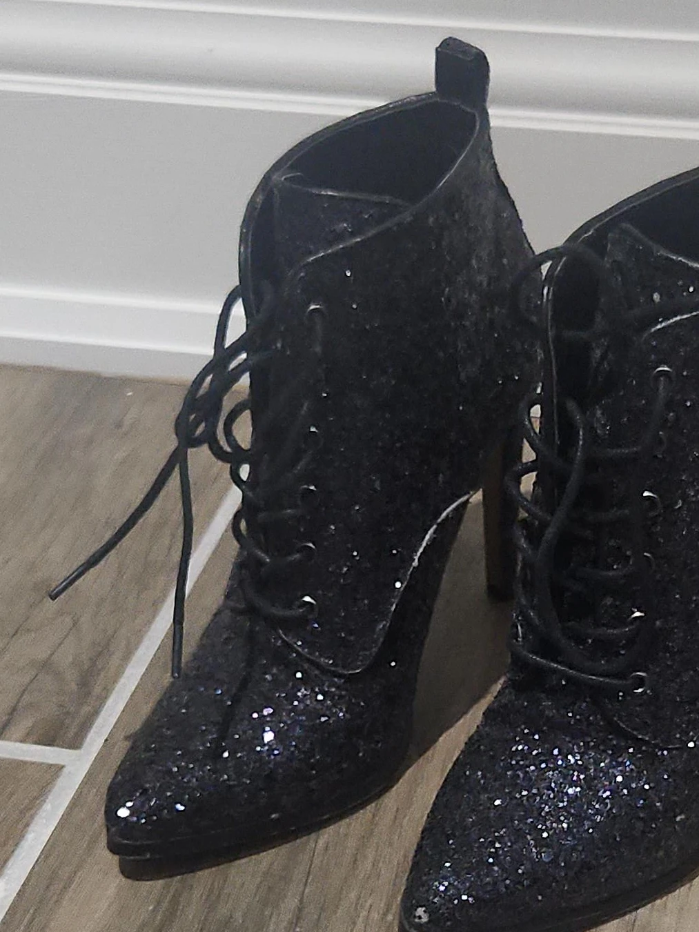 Black Glitter Lace-Up Heeled Ankle Boots