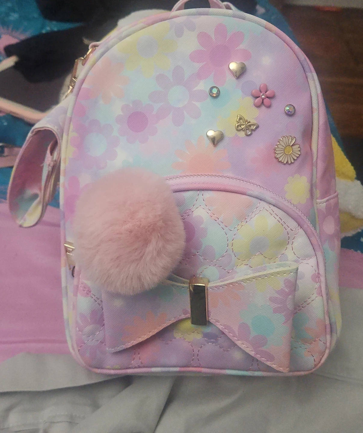 Girls Pastel Floral Mini Backpack with Pom Pom