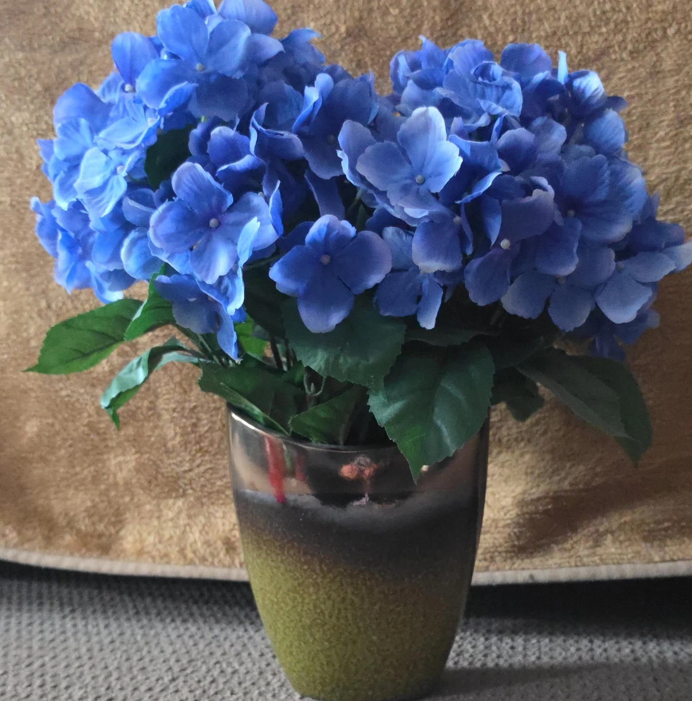 Artificial Blue Hydrangeas in a Textured Vase