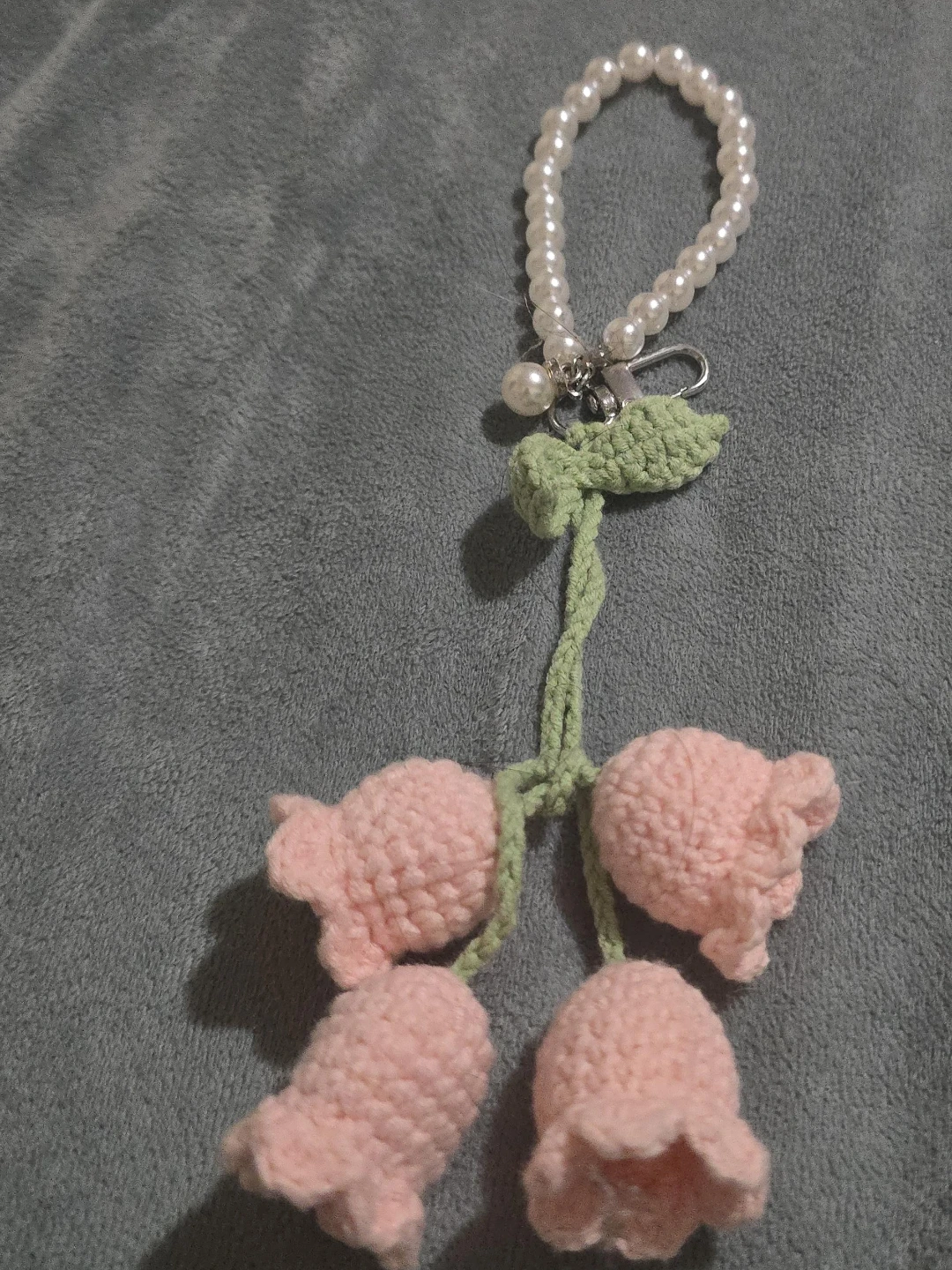 Crocheted Tulip Flower Keychain with Pearl Strap