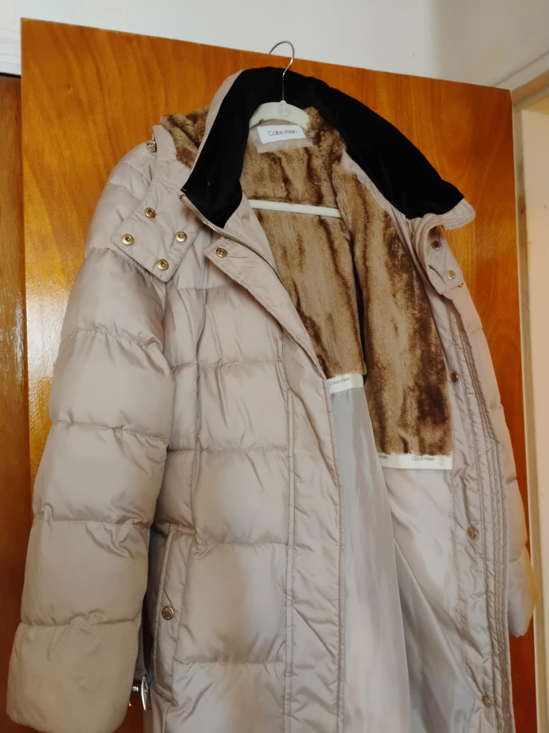 Calvin Klein Puffer Coat - Beige with Faux Fur Lining