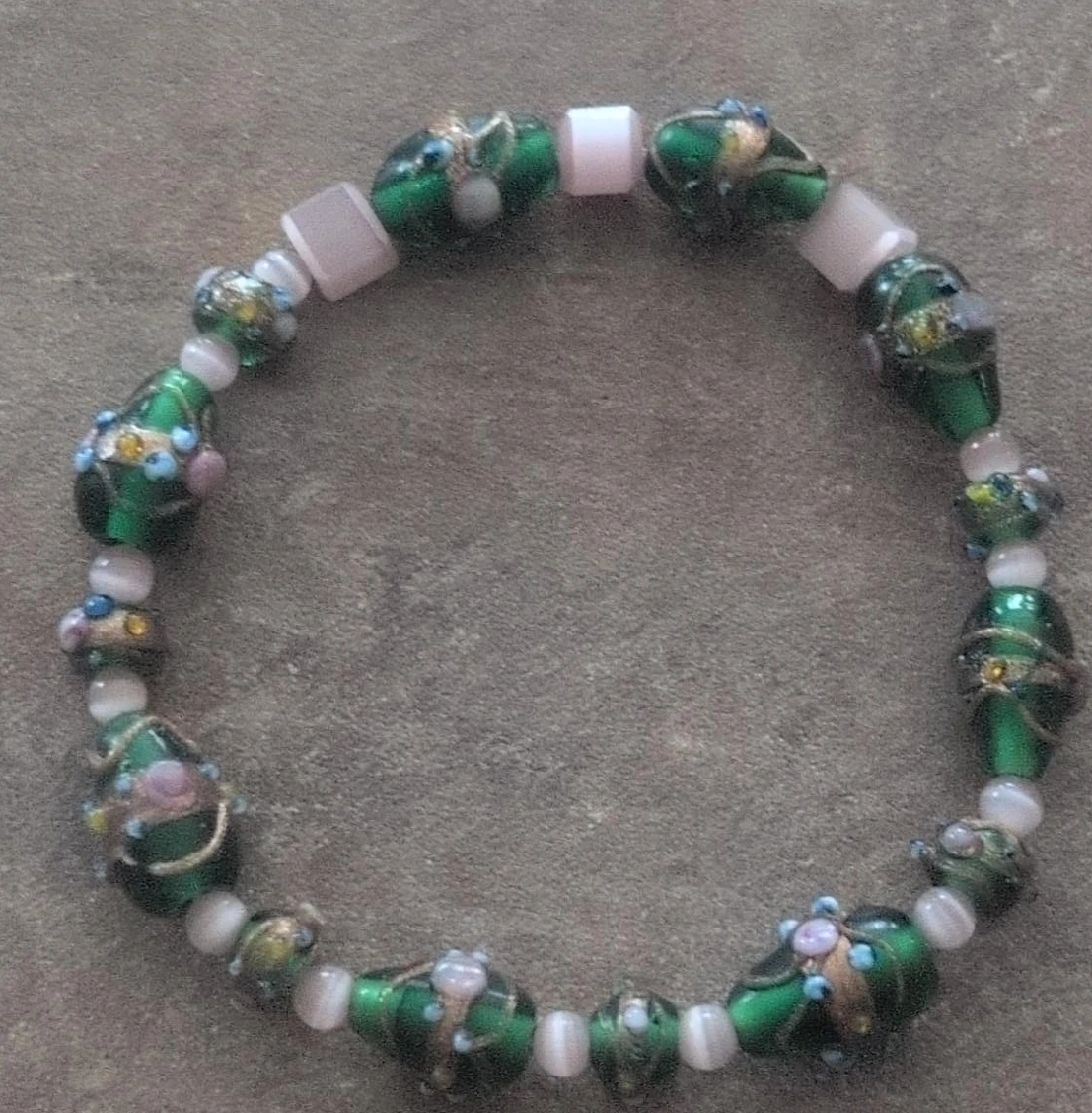 Green Beaded Bracelet with Pink Accents