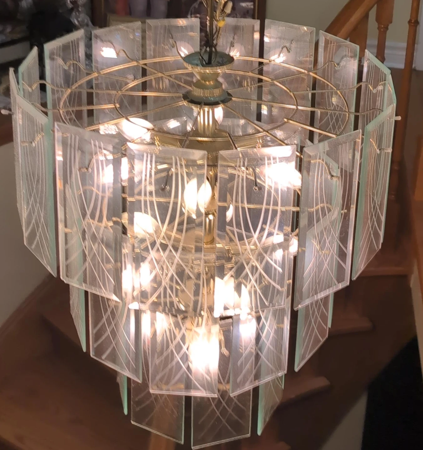 Vintage Tiered Brass and Glass Chandelier pick up as is