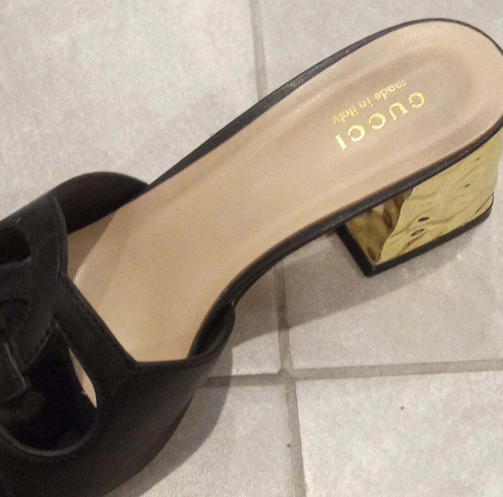 Gucci Black Leather Mules with Gold Heel