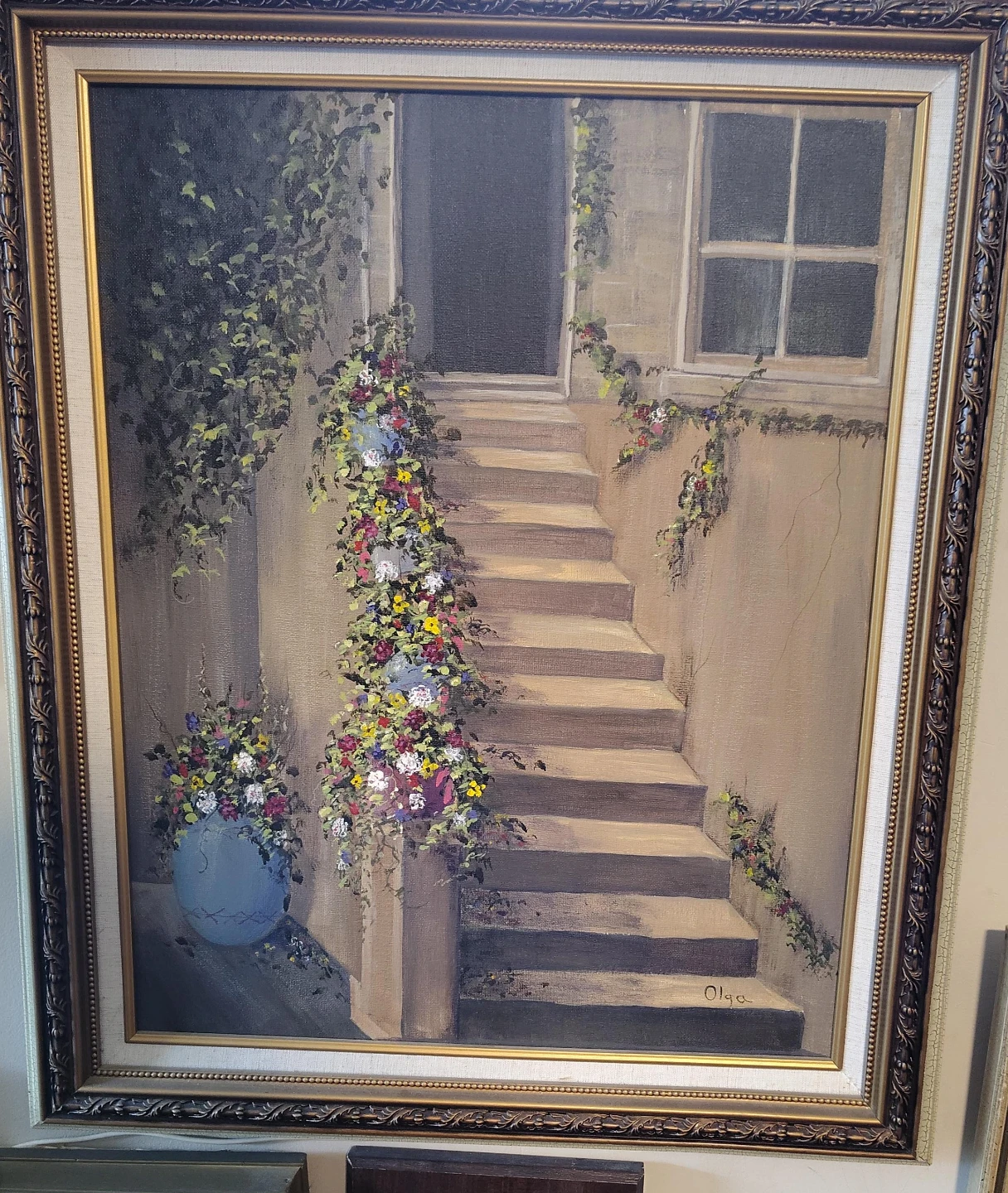 Framed Painting of Steps with Flowers