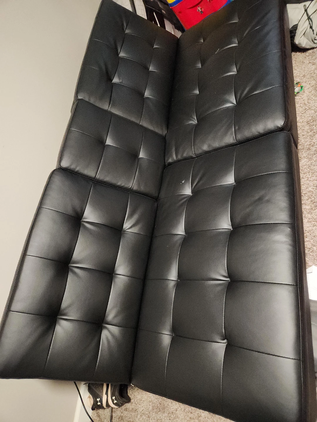 Black Faux Leather Tufted Futon Couch
