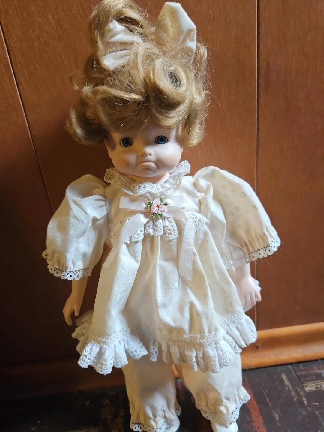 Porcelain Doll with White Lace Trim Outfit