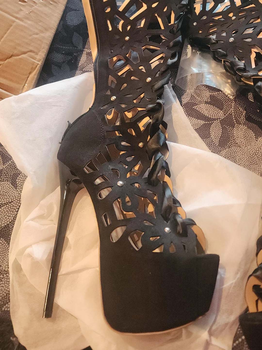 Black Cage High Heel Boots - Size 37
