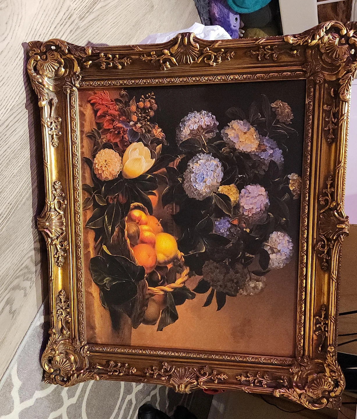 Framed Floral and Fruit Still Life Painting