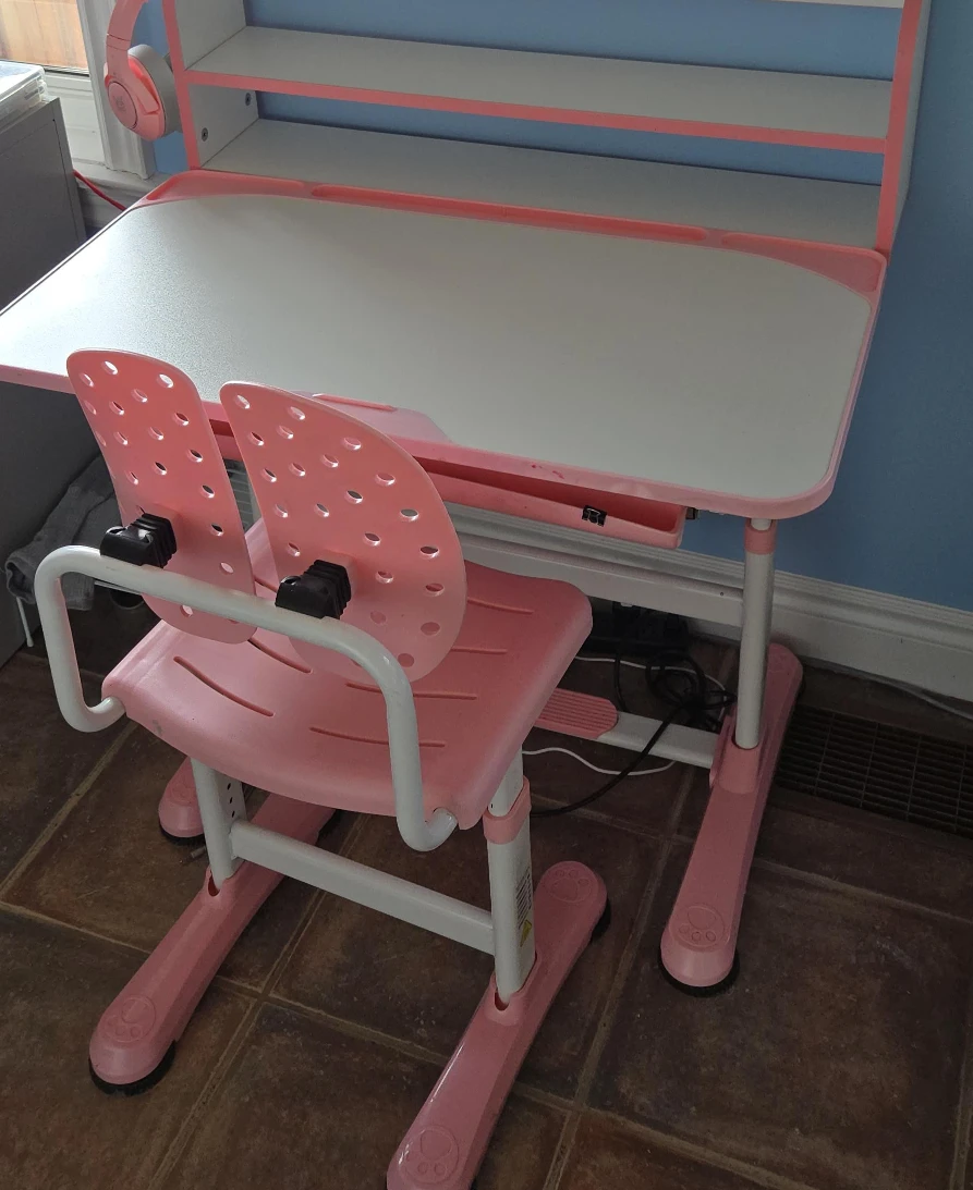 Adjustable Pink Kids Desk and Chair Set with Shelf
