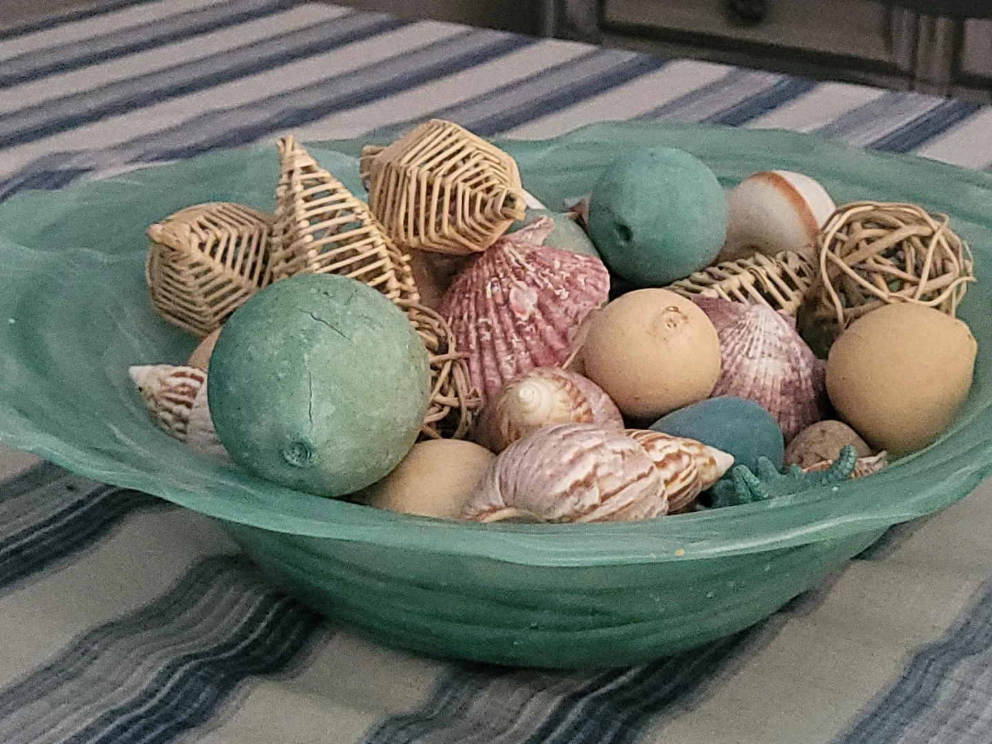 Decorative Bowl with Seashells and Wicker Orbs