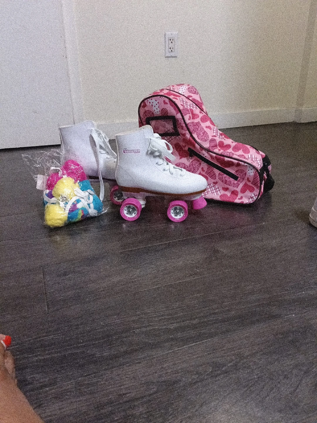 White Roller Skates with Pink Wheels and Heart Bag