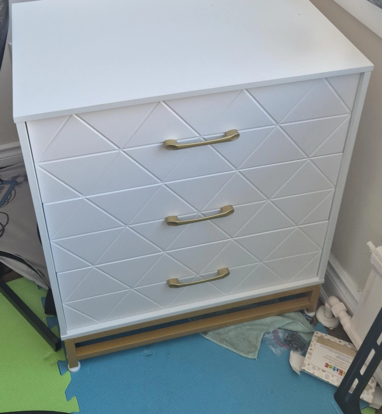 White 3-Drawer Dresser with Gold Handles