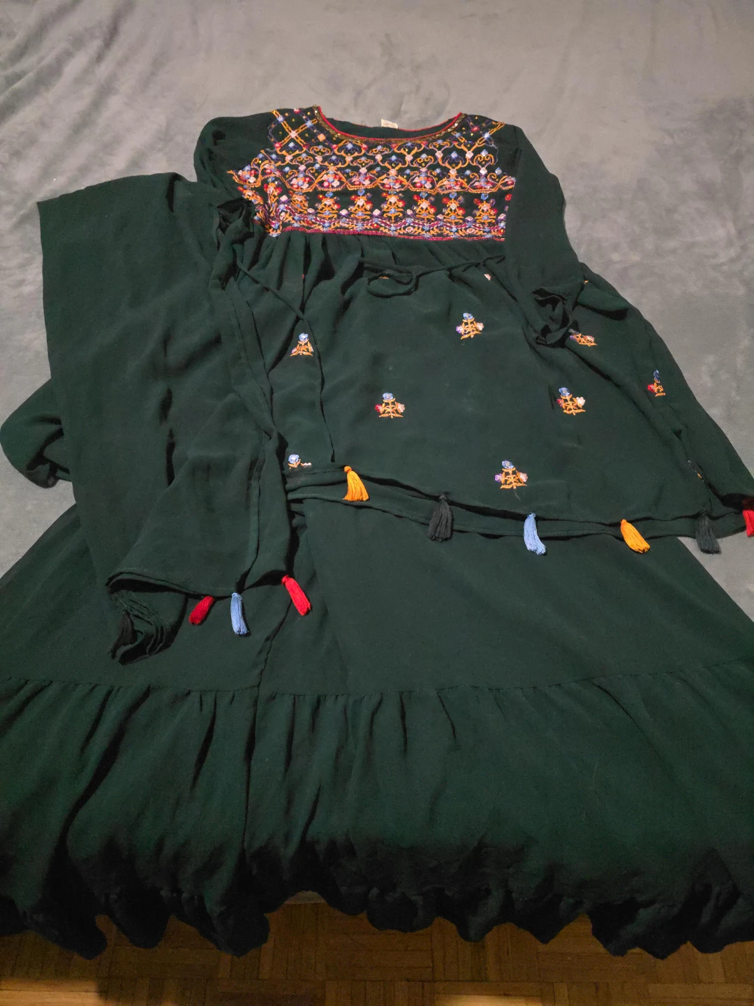 Embroidered Dark Green Dress with Tassels