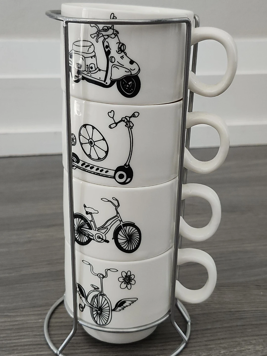 Stacking Ceramic Mugs with Bicycle Designs