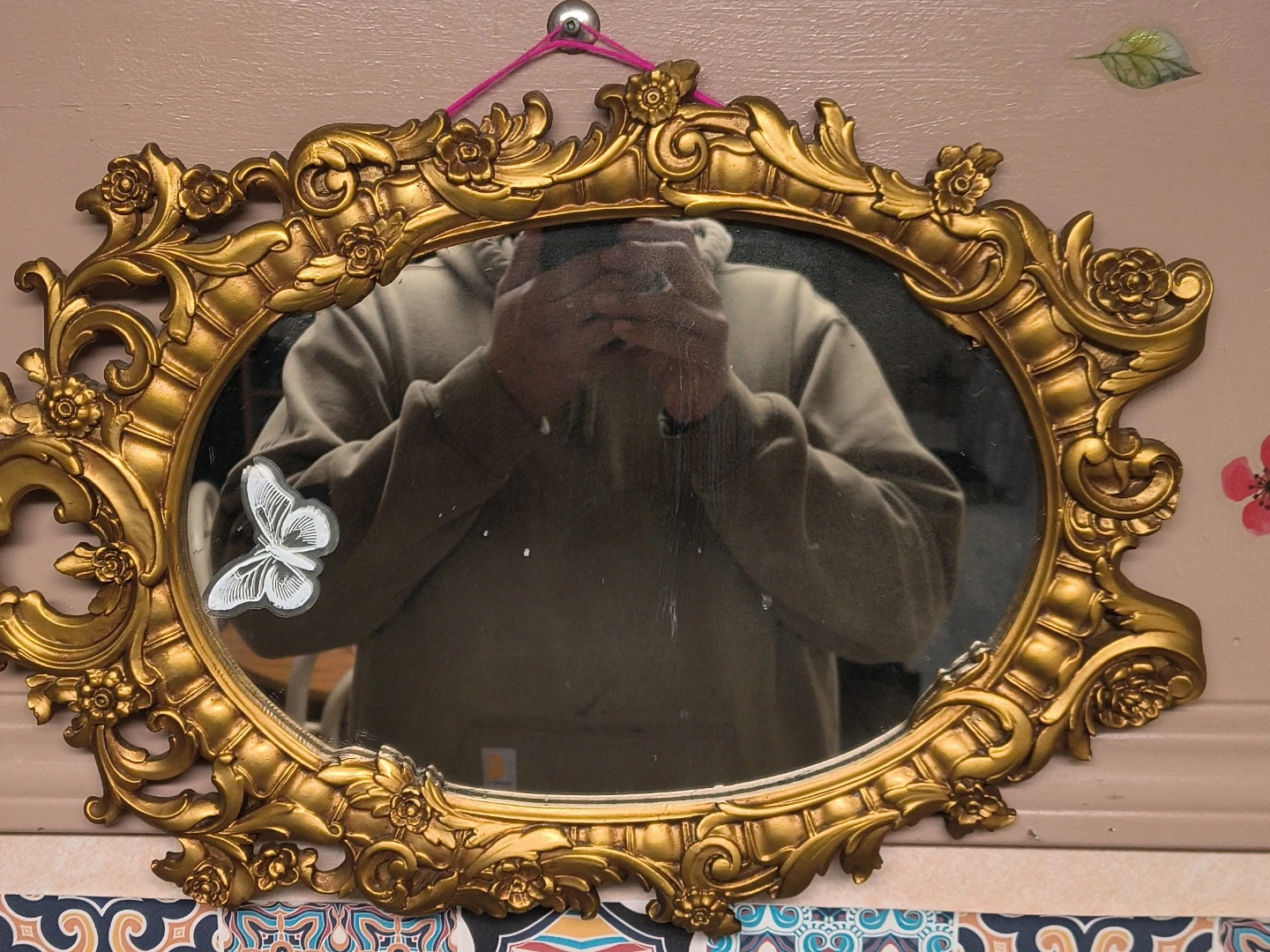 Ornate Gold Oval Mirror with Butterfly Decal