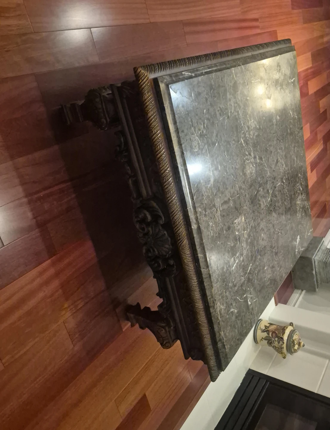 Ornate Marble Top Console Table with Carved Wood Base