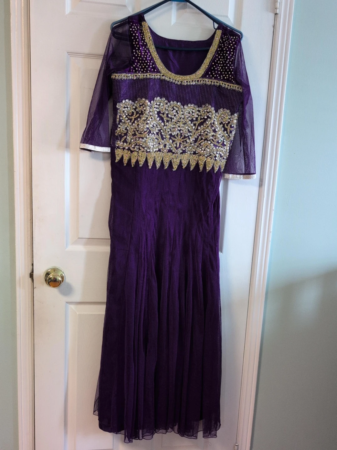 Purple Long Sleeve Embellished Gown